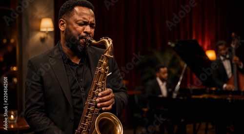 Male saxophonist passionately playing a golden saxophone during an intimate jazz club performance