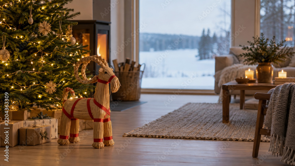 Obraz premium Traditional straw goat ornament stands in cozy living room decorated for Christmas with glowing tree, warm fireplace, and scenic view of snowy winter landscape through large window.