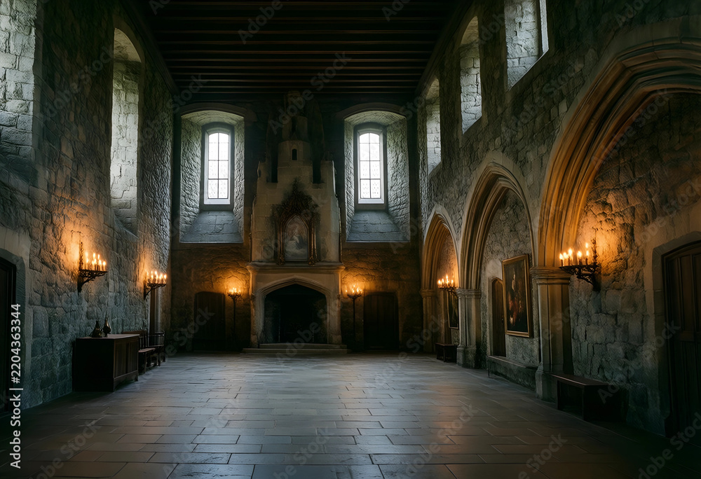 Fototapeta premium Medieval castle hall interior, historical architecture and heritage preservation, ancient stone room with candlelight and gothic arches for film production