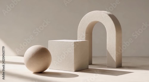 Minimal beige still life with sphere, cube and arch arranged in soft natural light