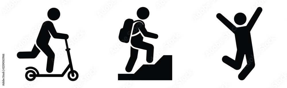 Fototapeta premium Outdoor activity vector icon set featuring kick scooter riding, mountain hiking, jumping, and adventure symbols isolated on white for sport and travel designs.