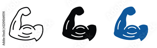 Obraz na płótnie Bicep icon set representing strength, gym training, athletic power, and muscular fitness in outline and solid vector styles for sports designs