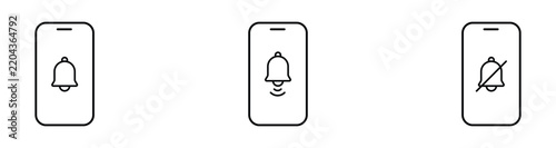 Smartphone, notification icons, bell volume sound symbols for alerts noise speaker audio levels mute controls mobile. mobile app interface, silent mode, communication, modern vector design.