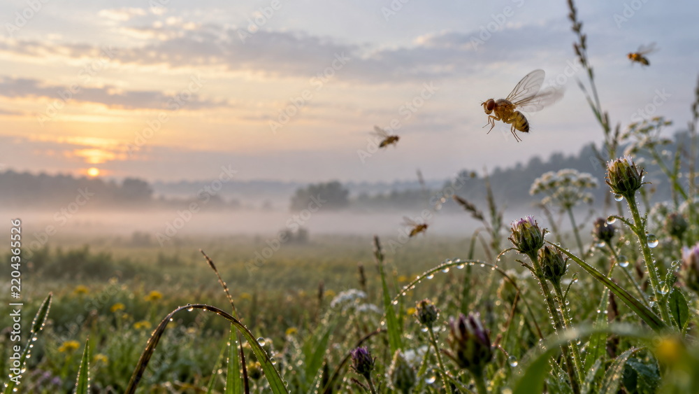 Fototapeta premium Fruit Flies Flying Above Dewy Wildflower Meadow at Sunrise
