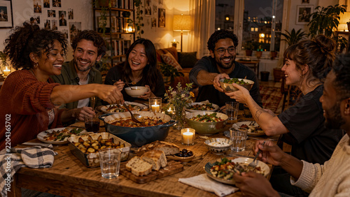Diverse group of happy friends enjoying warm indoor dinner party, sharing food and laughing around rustic wooden table illuminated by candlelight in cozy home setting.