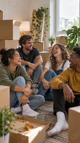 Diverse group of young friends laughing and enjoying pizza on floor amidst moving boxes in new apartment.