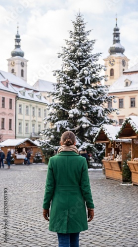 Vertical portrait of a woman in a green coat looking at a decorated Christmas tree. Female tourist at a European Christmas market in a historic town square