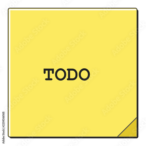 Yellow sticky note with bold TODO text and curled corner on clean white backdrop. Simple reminder graphic represents task planning, productivity and organization for office, business and workflow.