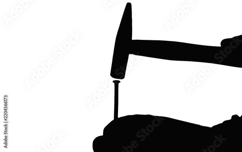 Black silhouette of feminine hand wielding hammer poised to strike nail. Minimalist graphic for DIY repair and home construction themes.