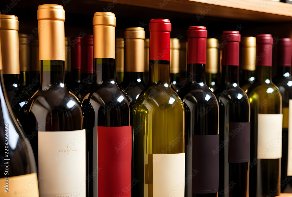 Obraz premium Wine selection and hospitality industry, rows of glass wine bottles with blank labels on wooden shelves in a cellar or restaurant for beverage retail