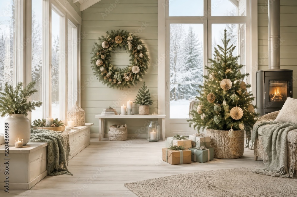 Fototapeta premium Cozy Scandinavian Christmas living room with tree and fireplace