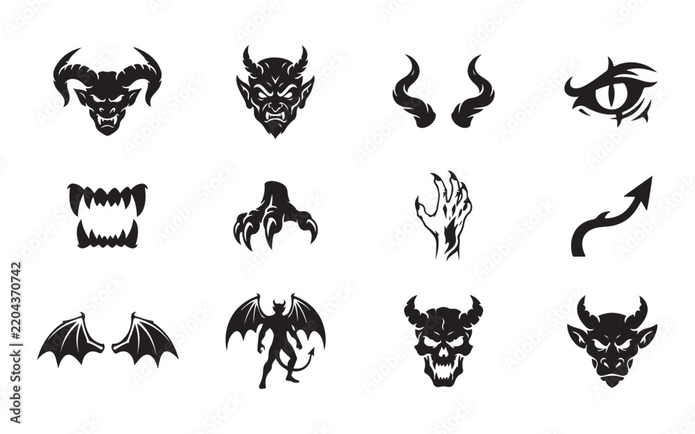 Obraz premium Terrifying demon head icons set featuring horned monster faces bat wings and sharp devil claw signs.