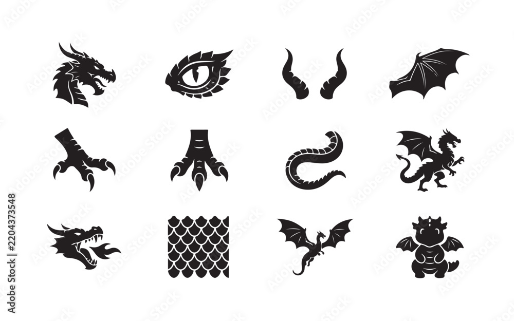Fototapeta premium Mythical dragon silhouette elements pack containing black reptile claws and wings for graphic design.