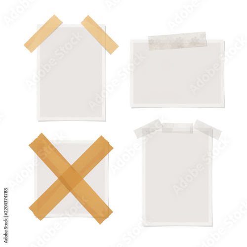Four blank paper sheets taped with brown adhesive strips on a neutral surface for design projects Isolated on transparent background