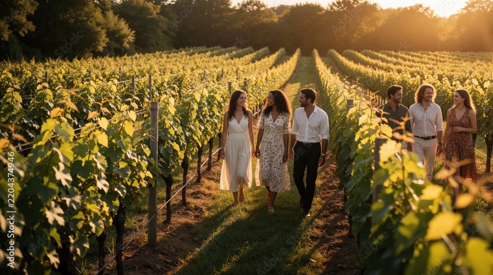 Obraz premium Group of friends walk through vineyard rows at sunset. Diverse happy people enjoy wine tour, countryside stroll. Smiling men, women stroll among grapevine plants during golden hour in rural winery