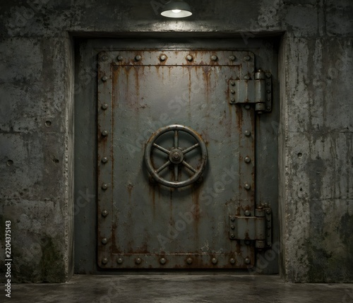 Rusted steel blast door of an underground bunker with heavy wheel handle and riveted slab