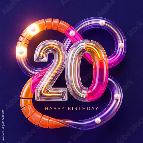 Luminous Glass Number 20 Birthday Card on Deep Purple Background
