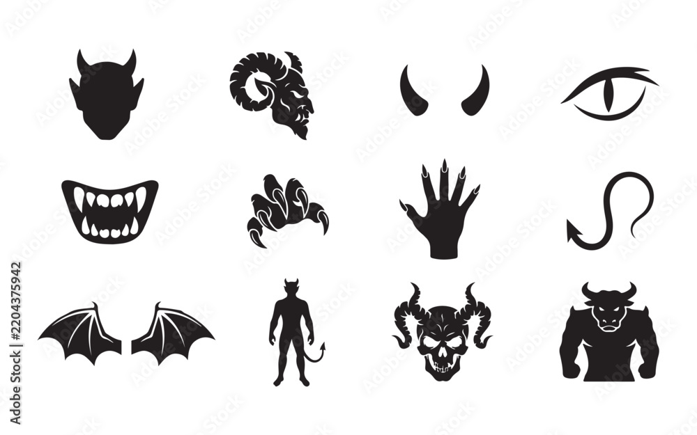 Fototapeta premium Devil monster silhouette icons with horns wings and tails for spooky halloween graphic design set.