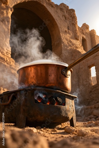 Steaming soy milk in a copper saucepan resting on a smoking charcoal brazier in the courtyard of a ruined desert fort with sand underfoot
