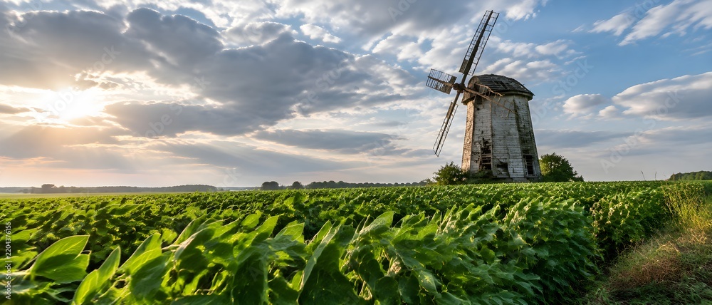 Naklejka premium Dense green soybean plants filling a field in front of a derelict windmill