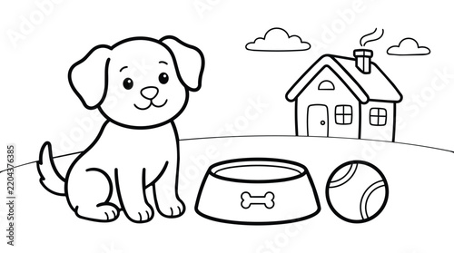 Cute Puppy with Dog Bowl and Ball Coloring Page