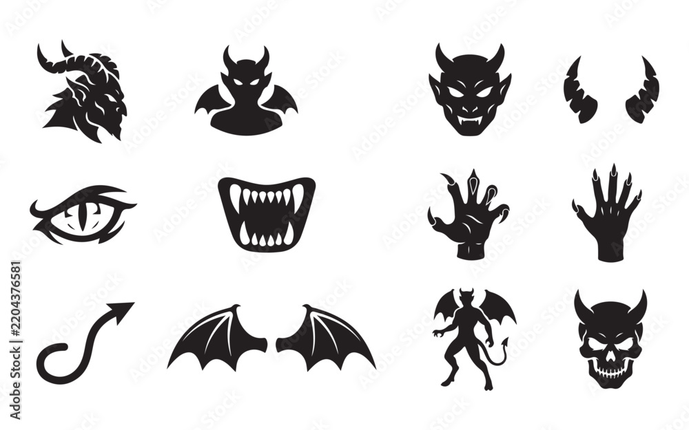 Fototapeta premium Devil monster icons set featuring black demonic shapes and fantasy creatures for horror game design.