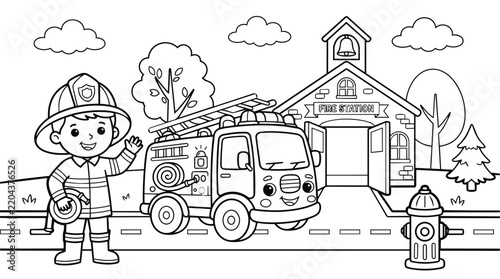 Cute Firefighter and Fire Truck Coloring Page