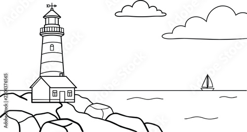 Lighthouse by the Sea with Sailboat Coloring Page