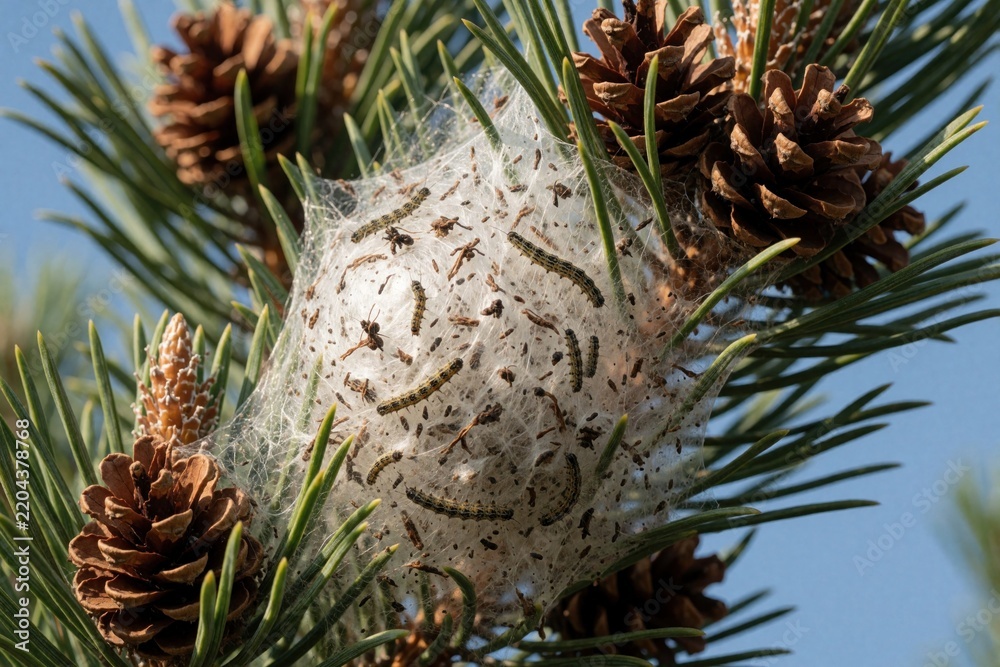 Fototapeta premium Macro view of pine tree branch with large nest. Processionary caterpillars live inside white silk web among pine cones. Tiny hairy larvae group together in protective cocoon for survival in forest
