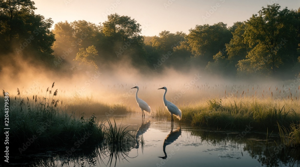 Fototapeta premium Two white egrets stand in misty marshland at sunrise. Tall birds reflect in calm pond water among reeds. Golden morning light shines through thick fog over forest trees. Peaceful wetland nature scene