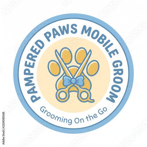 Circular vector logo for a mobile pet grooming service featuring a paw print and scissors