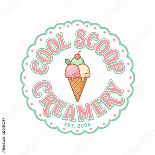 Cute ice cream shop logo with a waffle cone and pastel colors in vector illustration style