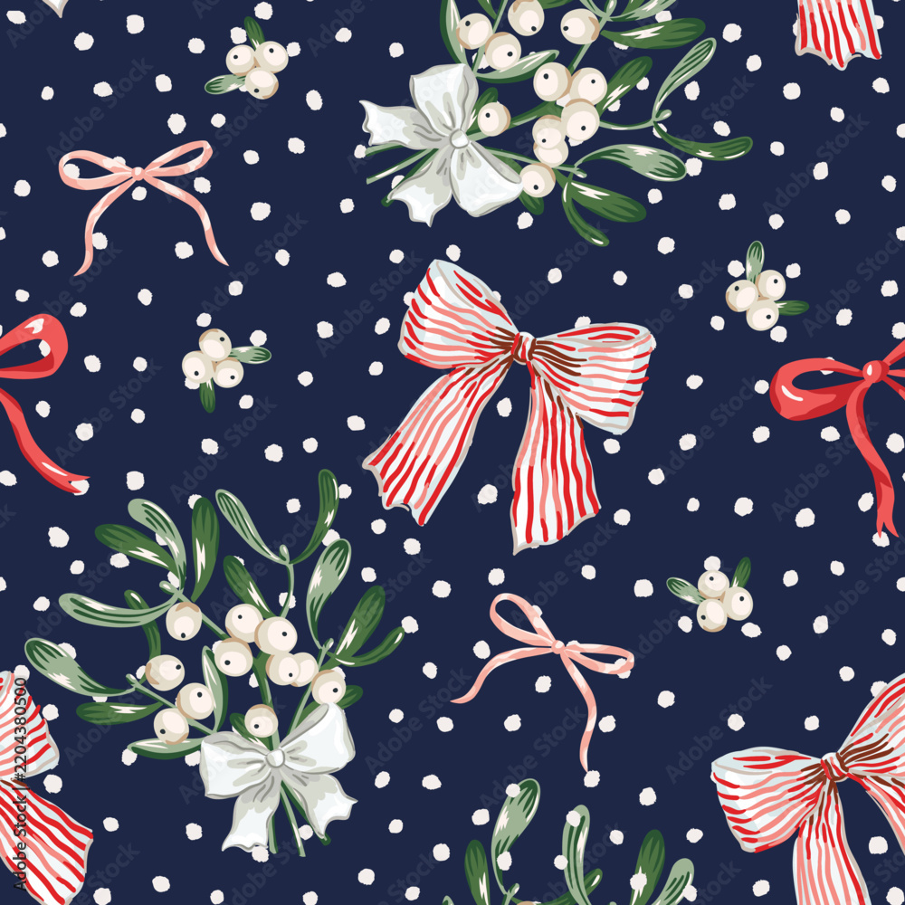 Obraz premium Christmas seamless pattern, mistletoe twigs with berries, red, pink, striped bows, snow, dark blue night background. Vector illustration. Festive design. Season greeting. Winter holidays