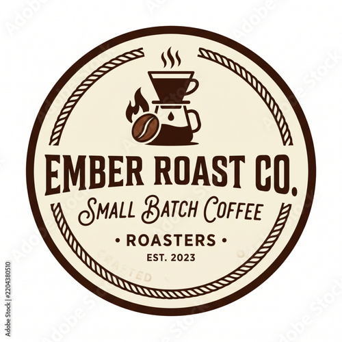 Vintage round coffee logo badge with pour over equipment and ember roast company typography