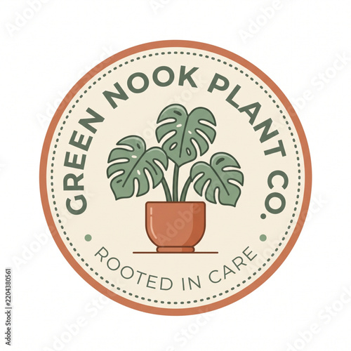 Retro round logo for a green plant company featuring a potted monstera houseplant and earthy tones