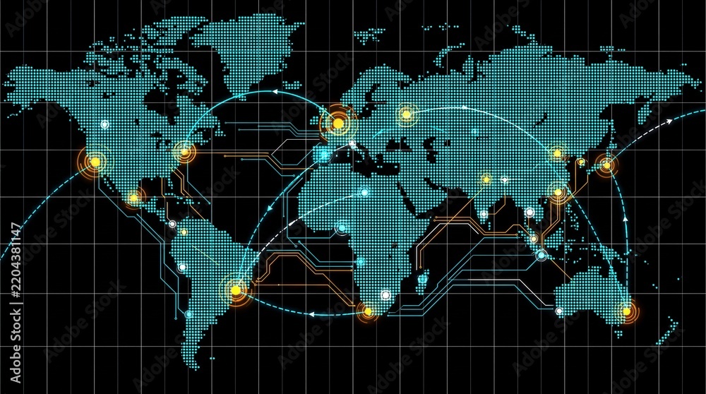 Obraz premium Futuristic Sci-Fi Tactical World Map Digital Geolocation HUD Overlay
