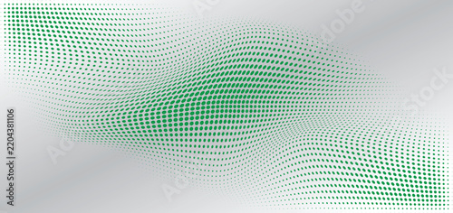 Dynamic green halftone dots arranged in curved waves and flowing contours, creating a modern optical effect on a clean white background,