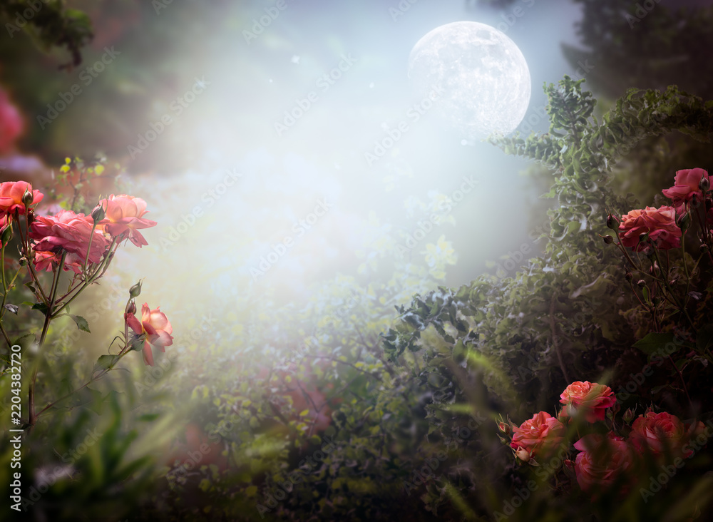 Naklejka premium Fantasy whimsical enchanted fairy forest with rose flowers and moon at mystical night garden, fairytale magical landscape, mysterious background with whimsy wood and empty copy space.