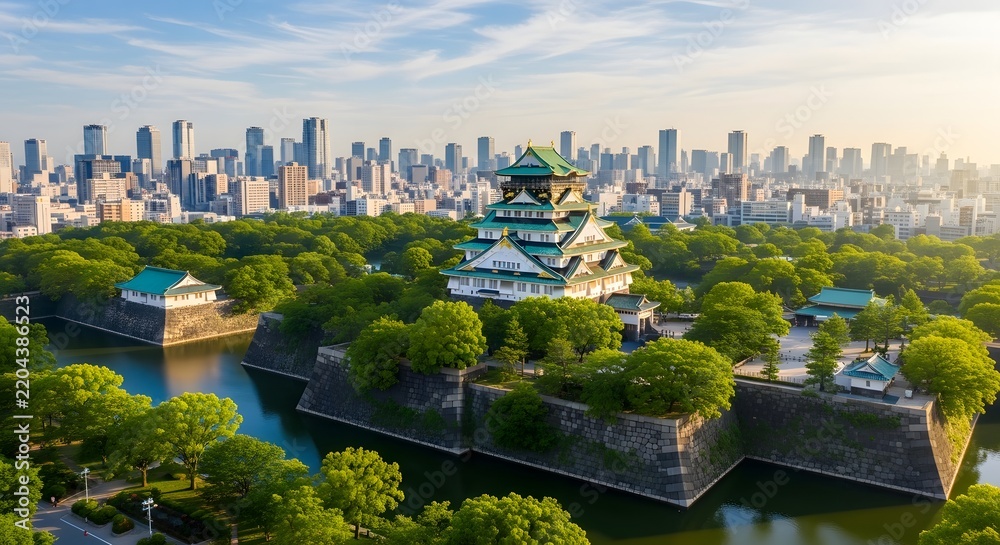 Obraz premium Osaka Castle and surrounding park with modern city skyline in the background