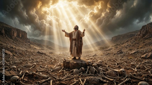 Prophet Ezekiel stands among many human skeletons in dry desert valley. Divine light beams from heaven sky onto man with arms outstretched. Biblical miracle shows resurrection, spiritual hope in