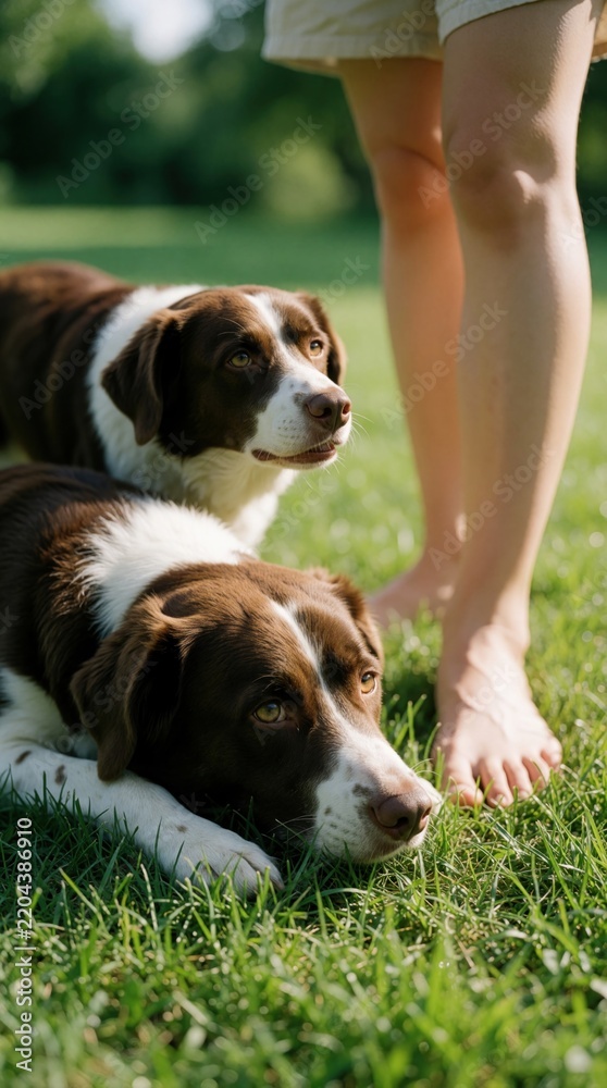 Obraz premium Barefoot person stands on green grass next to two brown, white dogs. Loyal pets lie on lawn in sunny backyard. Calm animal companions enjoy summer day outdoors with owner in garden park. Peaceful