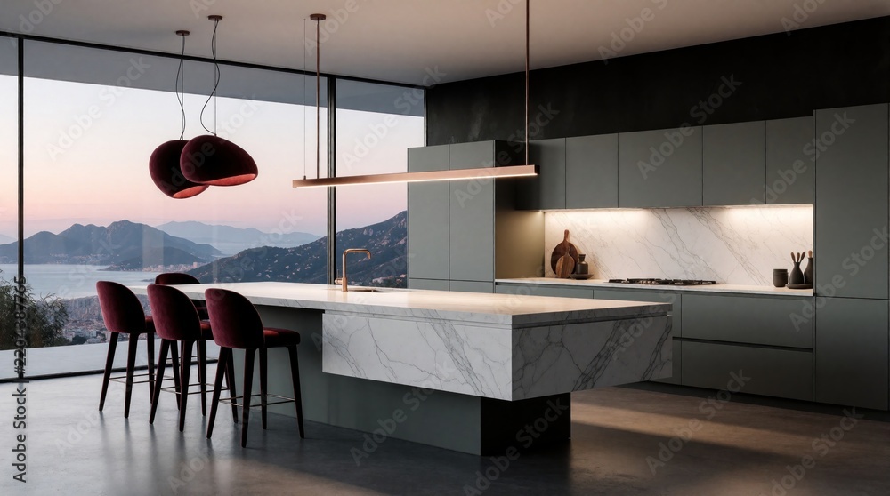 Obraz premium Modern Scandinavian kitchen with muted grey cabinets, marble island. Burgundy pendant lights hang above velvet bar stools. Large glass windows offer scenic mountain, sea view at sunset. Luxury
