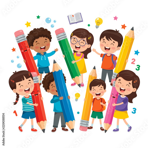 Group of happy diverse children holding giant colorful pencils in a cartoon school education concept