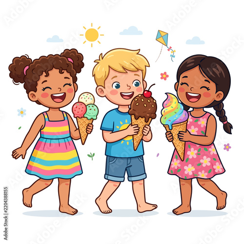 Diverse group of happy children eating colorful ice cream cones on a sunny summer day illustration