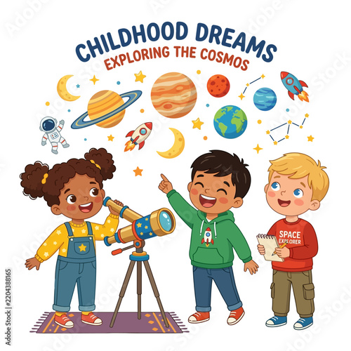 Diverse group of children using a telescope to explore space with planets and rockets illustration