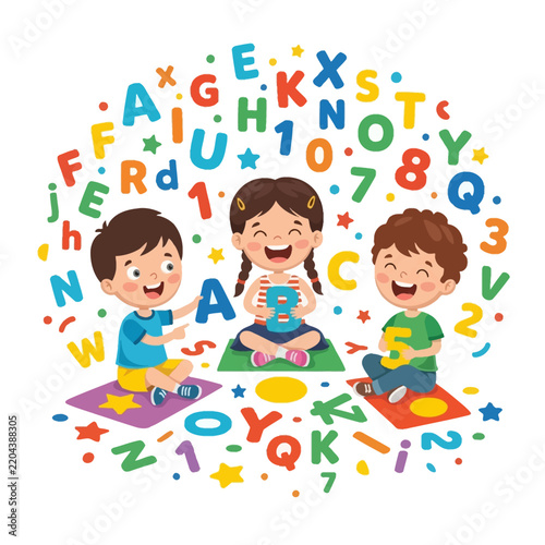 Happy diverse children sitting on mats playing with colorful alphabet letters and numbers illustration