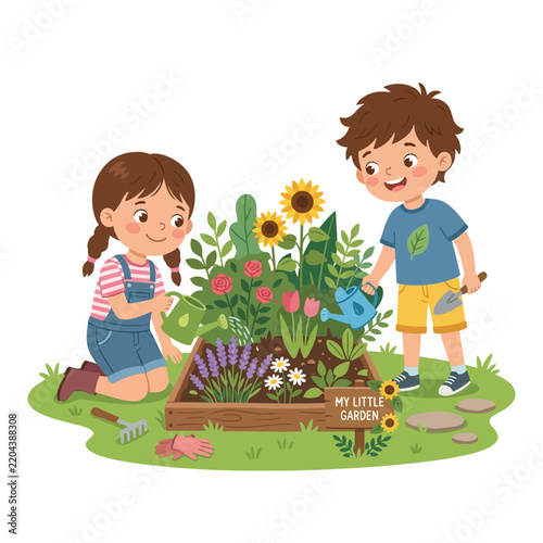 Happy young children gardening and watering flowers in a wooden raised bed on a white background