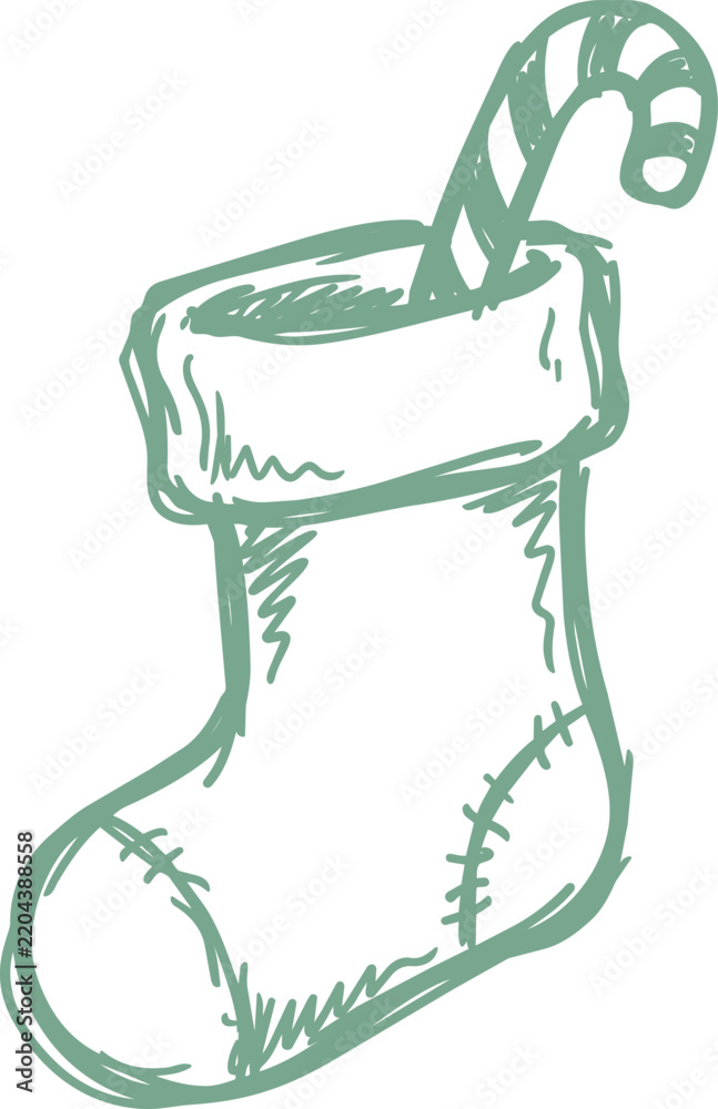 Obraz premium Green hand-drawn christmas stocking with candy cane