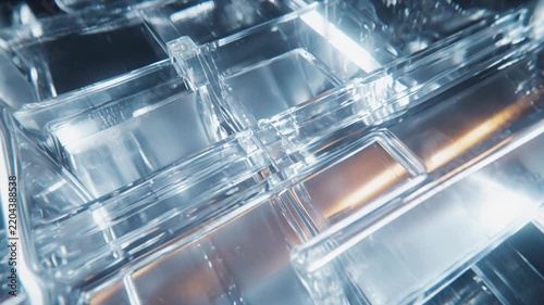 Abstract crystal structure with blue and orange light reflections moving slowly in a futuristic digital space