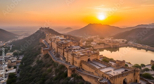Amber fort jaisalmer india at golden hour with sunset reflection in lake